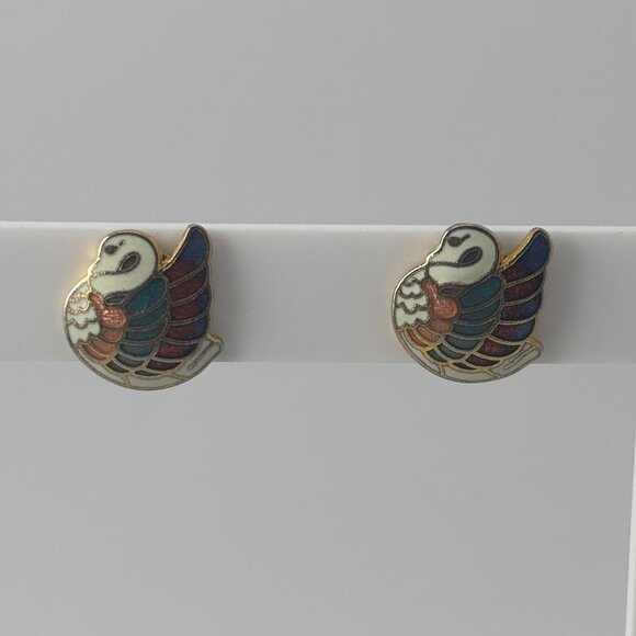 Vintage Fancy Swans Cloisonne Enamel Stud Earrings - Picture 2 of 4